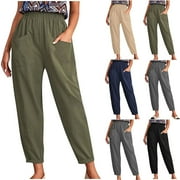 Cotton Linen Pants for Women Elastic High Waist Straight Leg Pants Baggy Comfy Lounge Trousers with Pockets Black XXXXXL